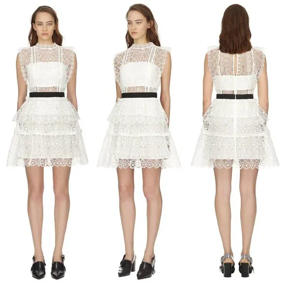 NWT Self Portrait White Lace Tiered Dress Size 8 MSRP $440 NEW Revolve